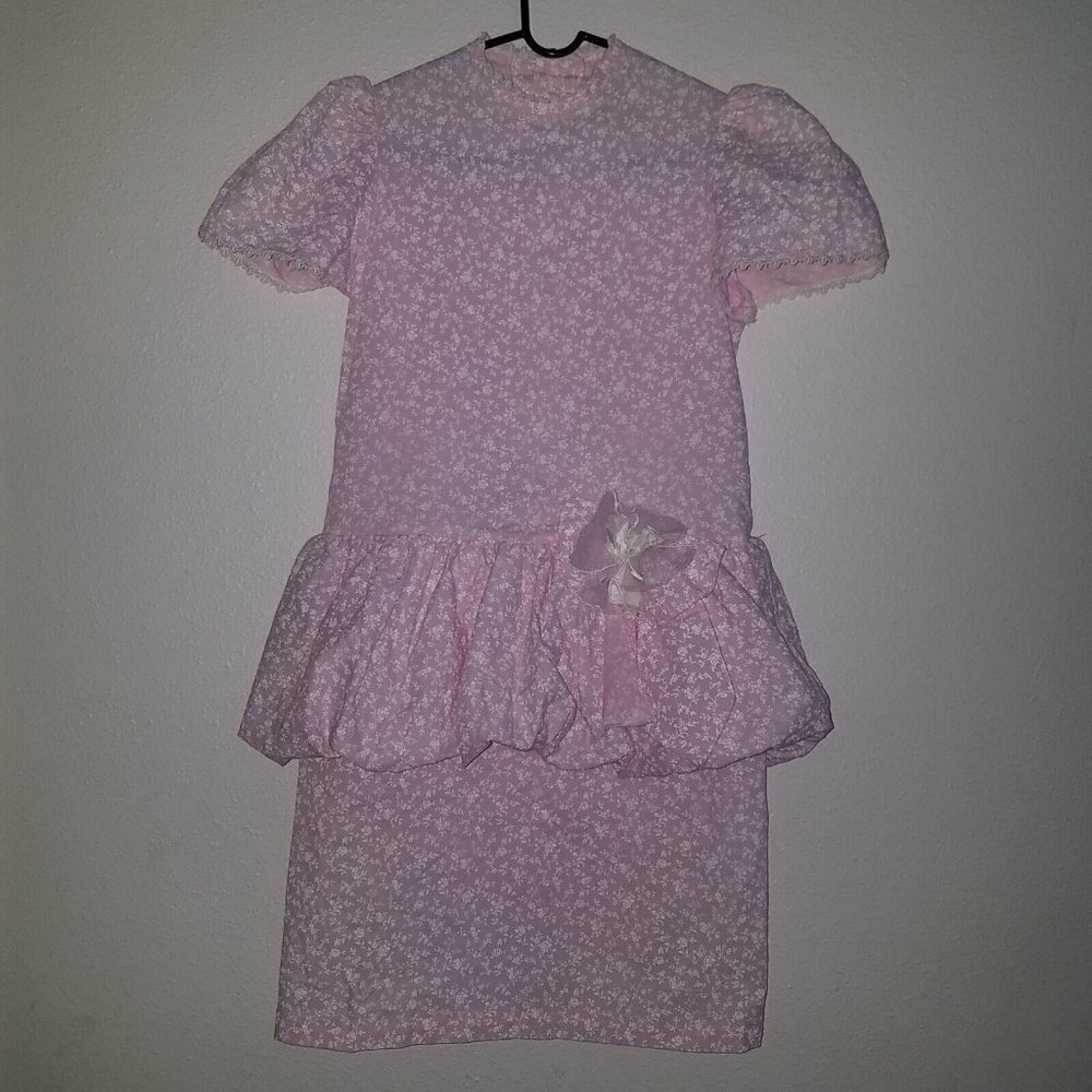 VTG Peaches N Cream Pink White Floral Dress Size 10 Prairie Cottage Core Bubble